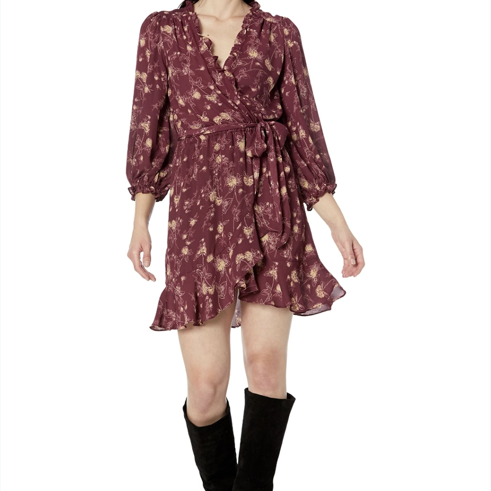 Max Studio Maroon Floral Wrap Dress